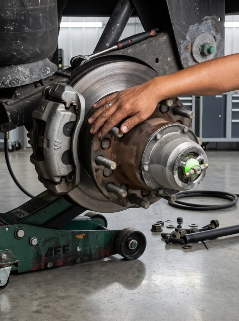 Mechanic’s hand on a truck brake drum and wheel hub during a brake and hub inspection