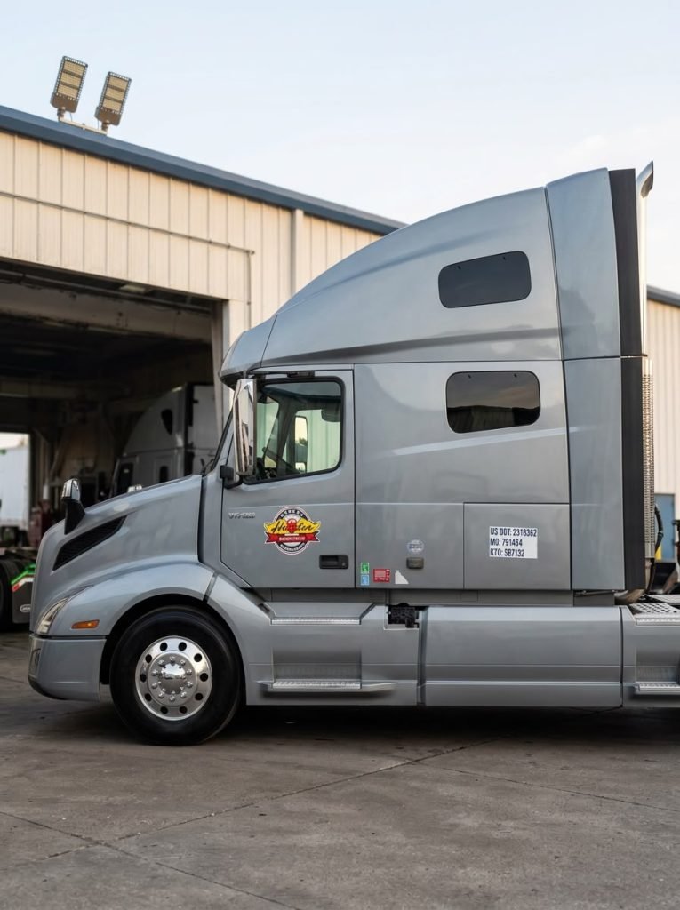 Silver Volvo semi tractor parked beside a shop building