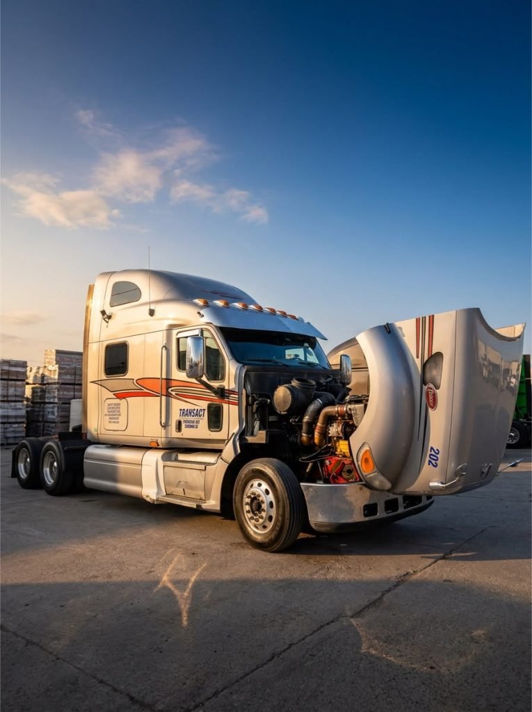 Semi tractor with the hood tilted forward, parked at sunset
