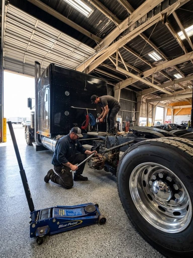 Technician working on a semi truck wheel end with a floor jack