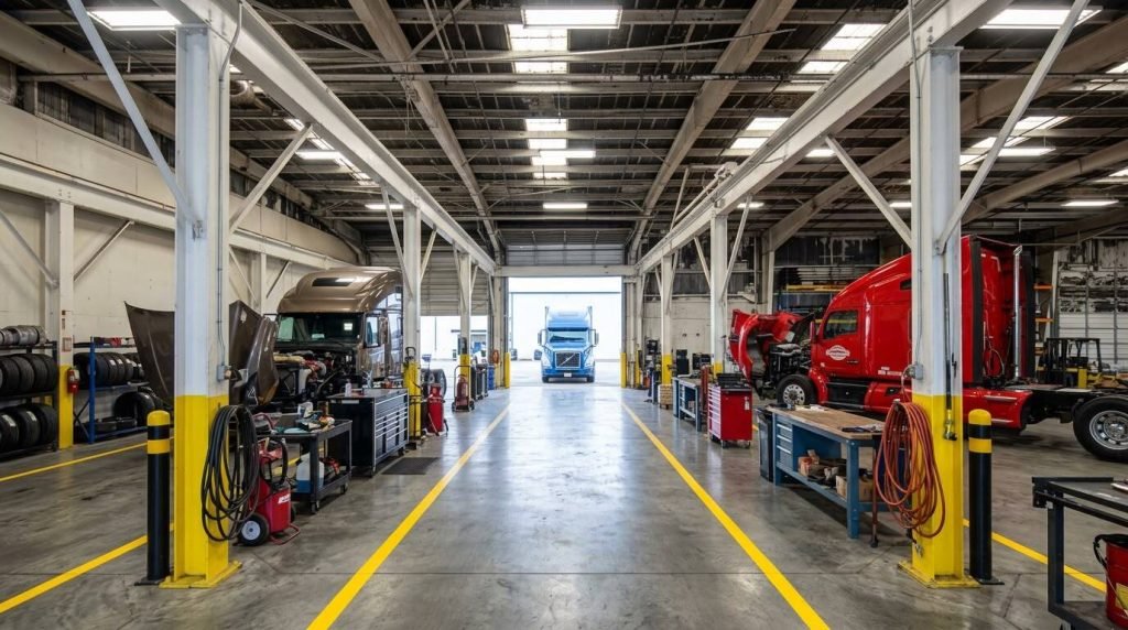 Long truck repair shop interior with service bays and overhead lights