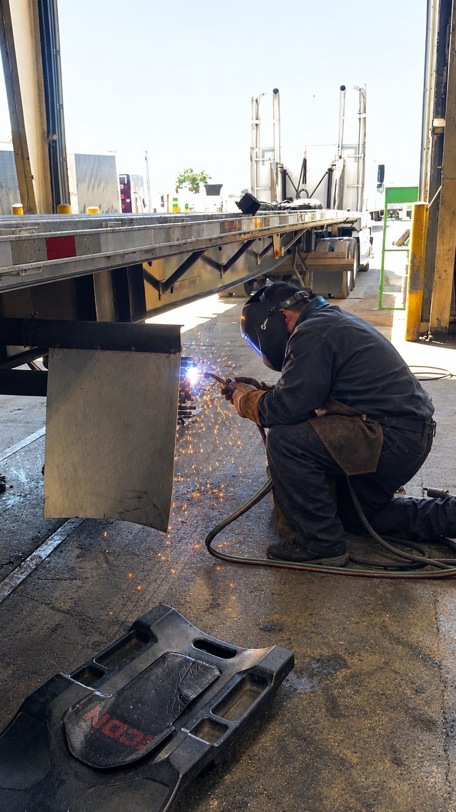 Welder repairing the underside of a flatbed trailer at Bawa’s Truck & Trailer Repair in Dallas